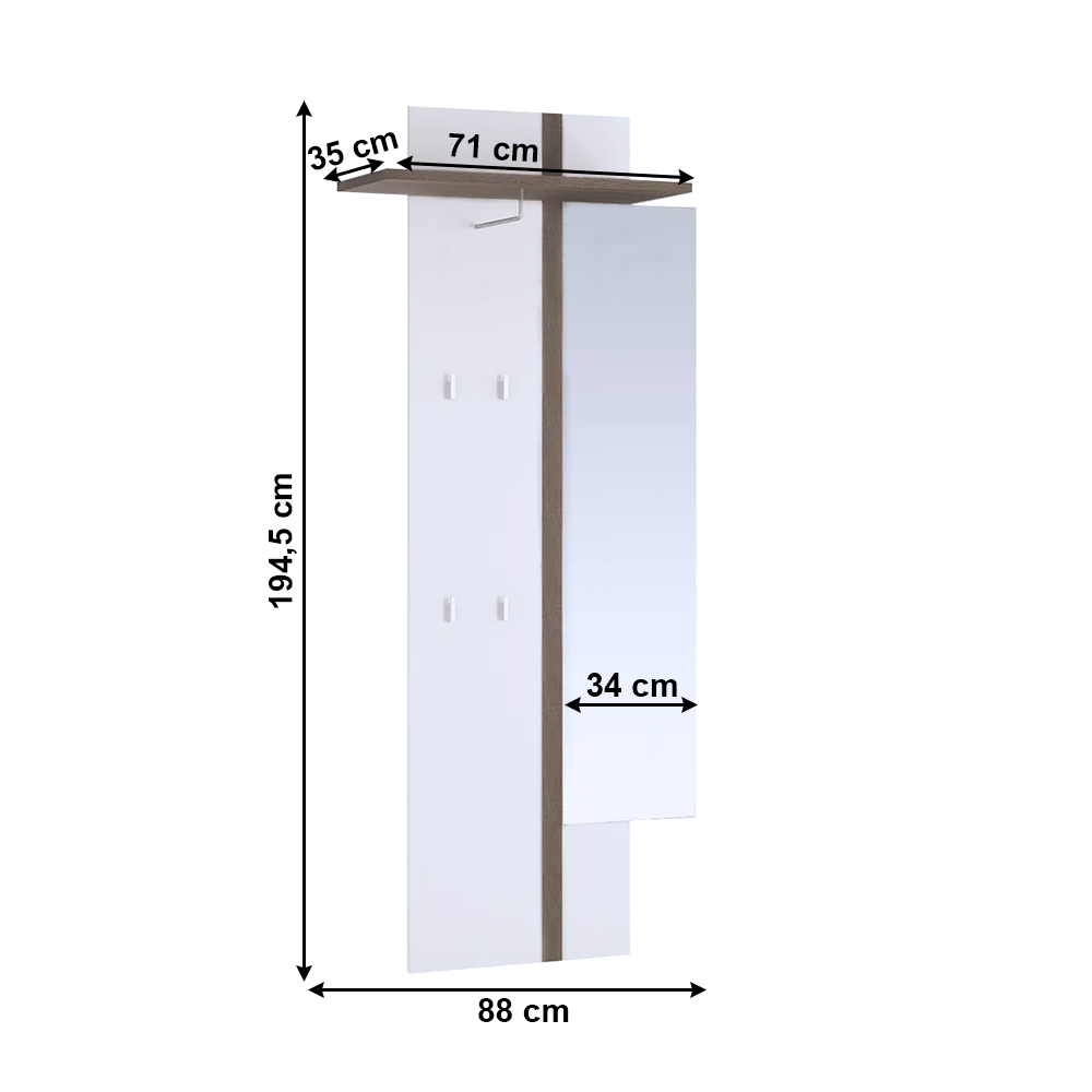 Věšákový panel se zrcadlem, bíla,, LYNATET TYP 115