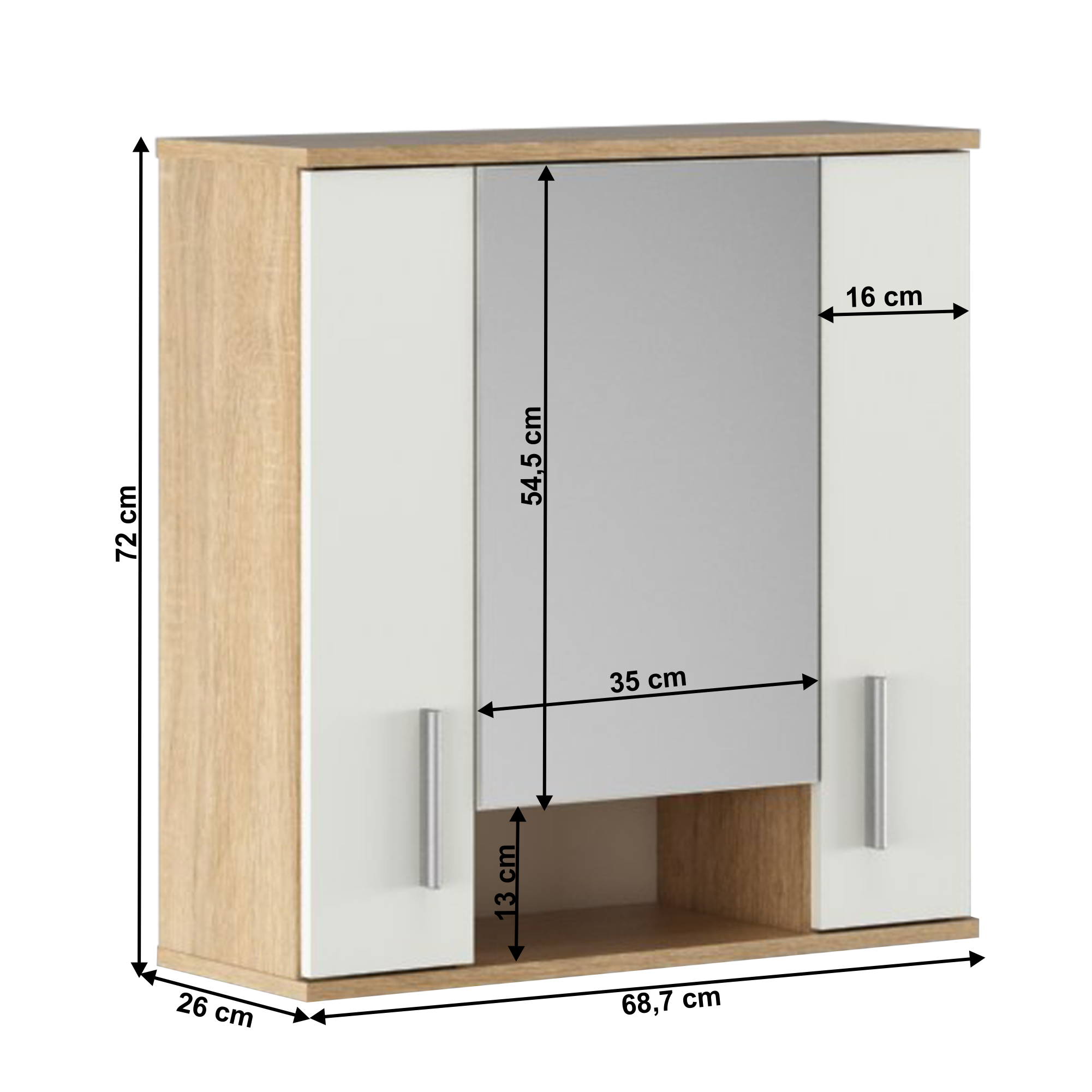 Závěsná skříňka se zrcadlem, dub sonoma/matná bílá, LESSY NEW 01