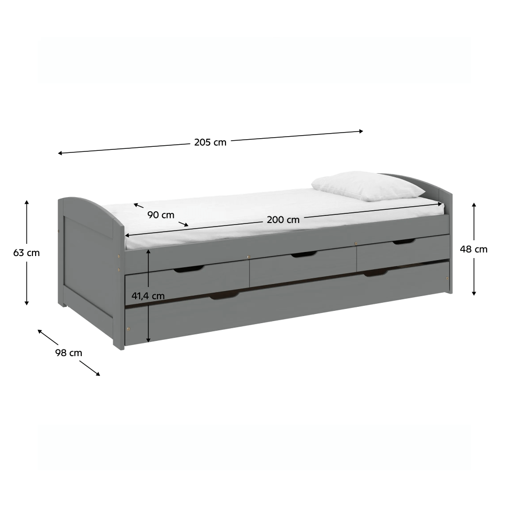 Postel s výsuvnou přistýlkou, šedá, masiv, 90x200, MARINELLA NEW