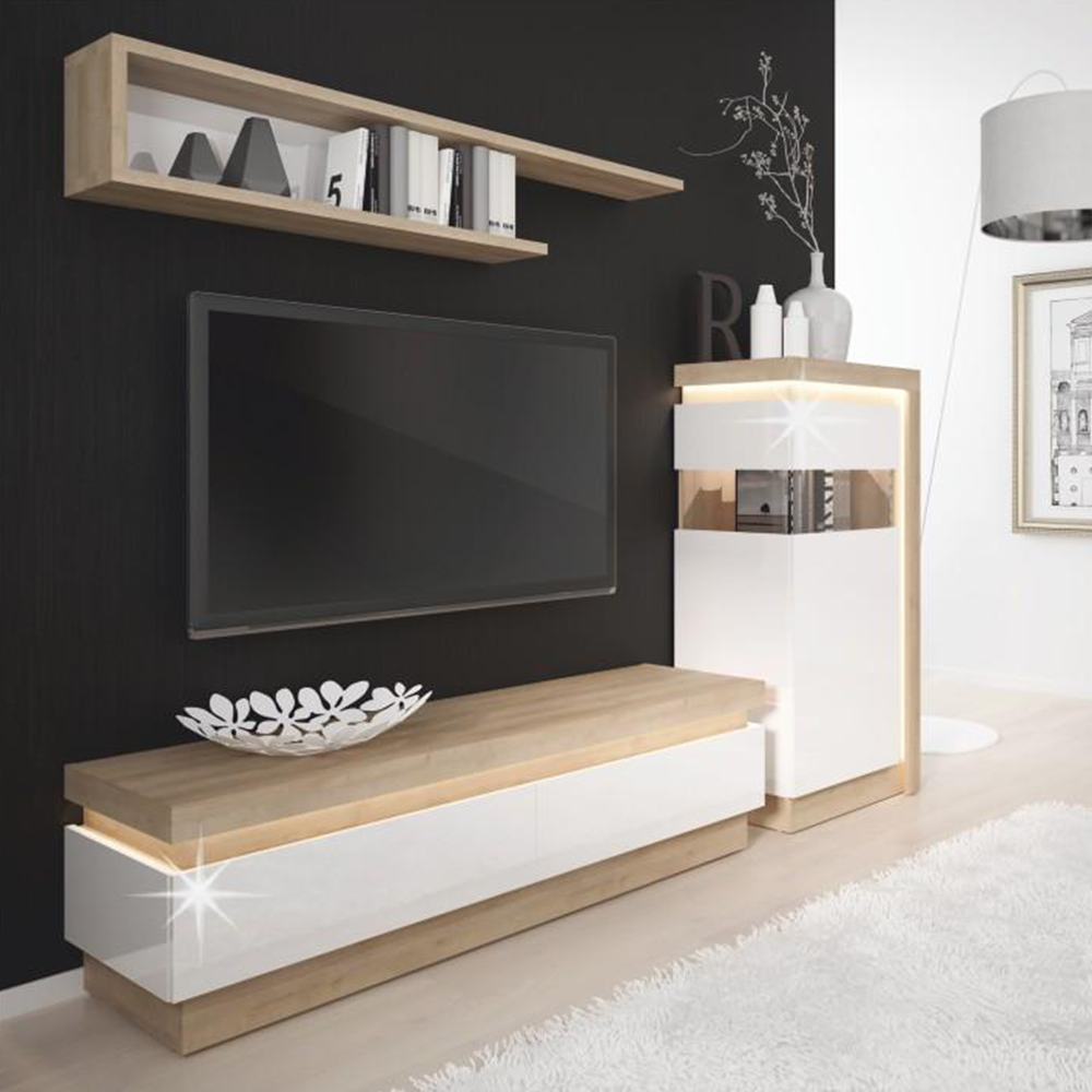 Vitrines szekrény LYOV02P, tölgy riviera/fehér extra magasfényű, LEONARDO