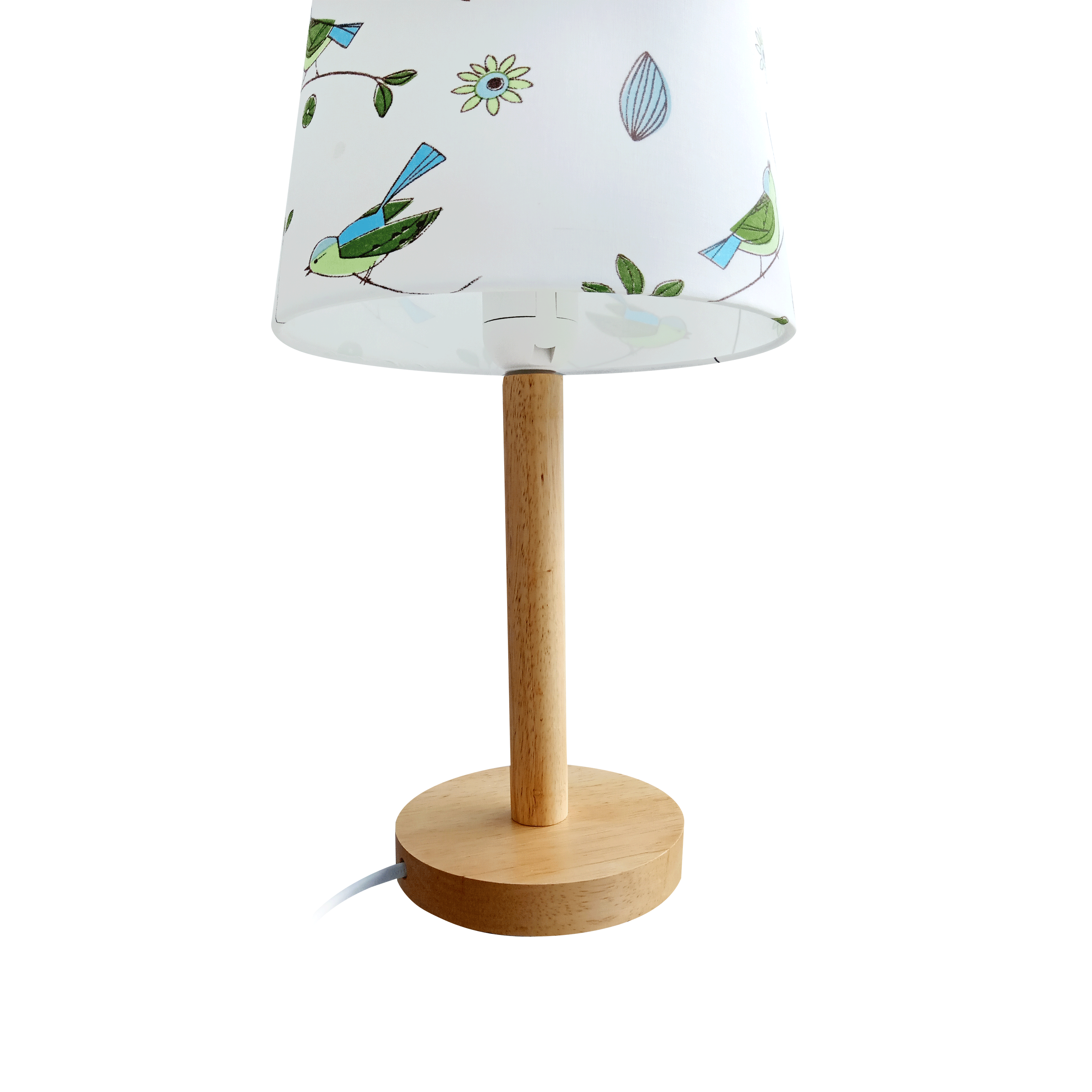 Stolní lampa, dřevo / látka vzor ptáci, QENNY TYP 7