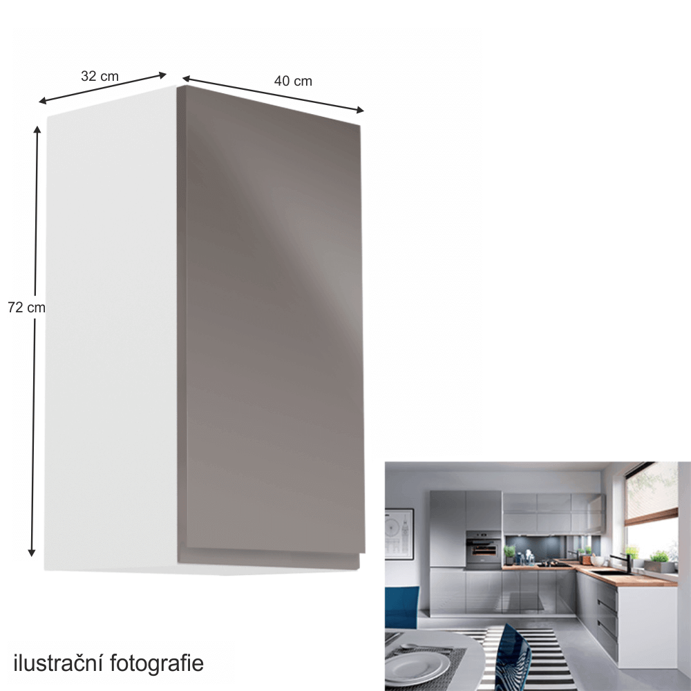 Horní skříňka, bílá / šedý extra vysoký lesk, pravá, AURORA G40