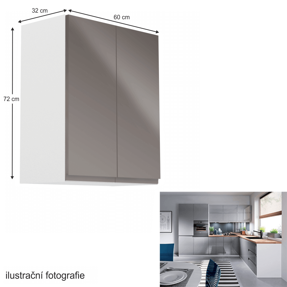 Horní skříňka, bílá / šedý extra vysoký lesk, AURORA G602F