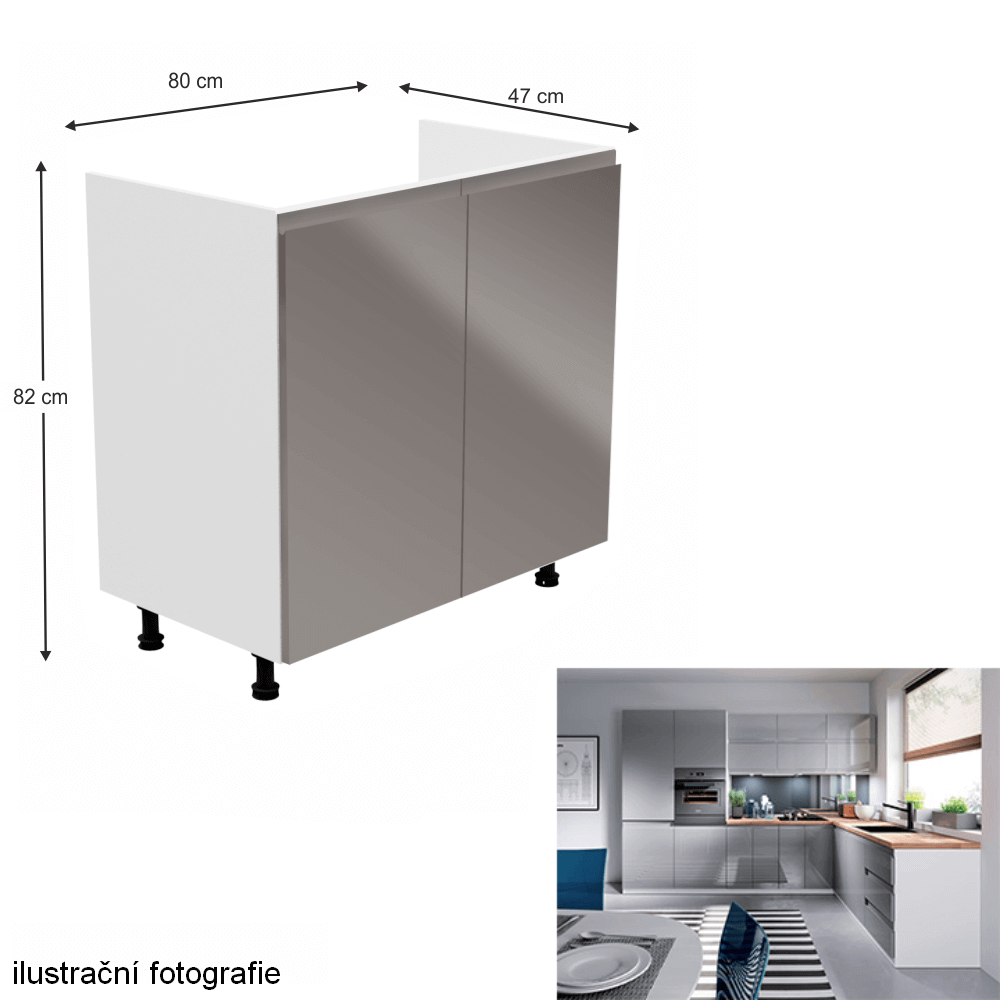 Dřezová skříňka, bílá / šedá extra vysoký lesk, AURORA D80Z