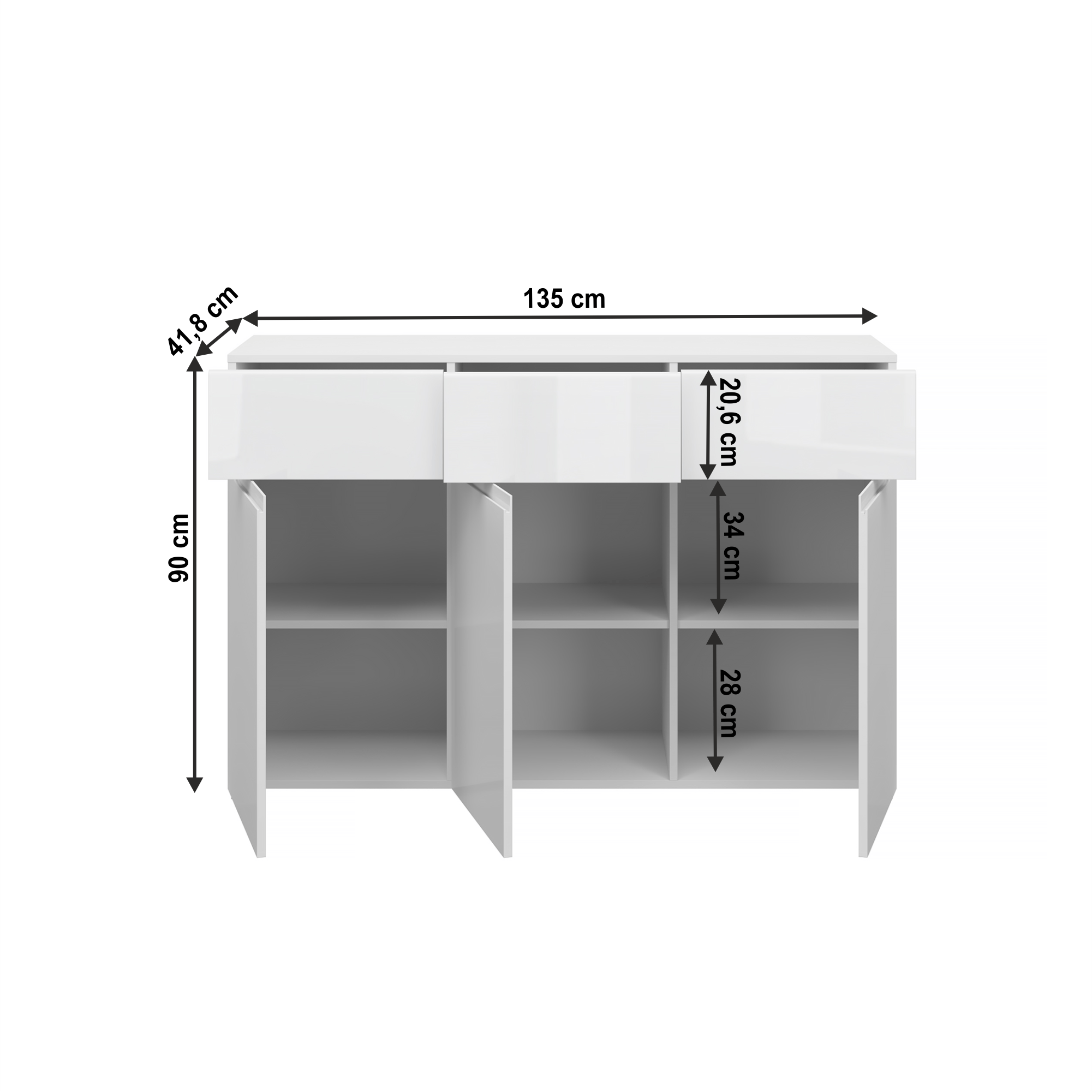 Komoda 3D3S, bílá/bílý extra vysoký lesk HG, JOLK