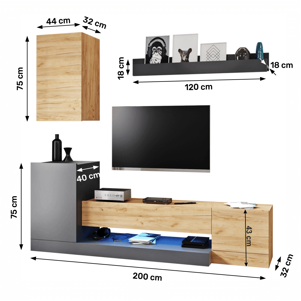 Obývací stěna, šedý antracit/dub wotan, DULA