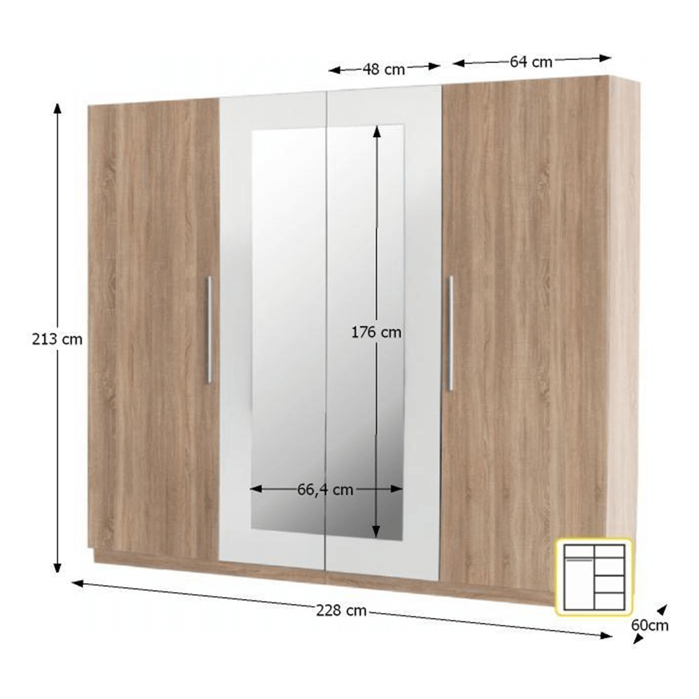 Čtyřdveřová skříň, zrcadlová, dub sonoma / bílá, MARTINA