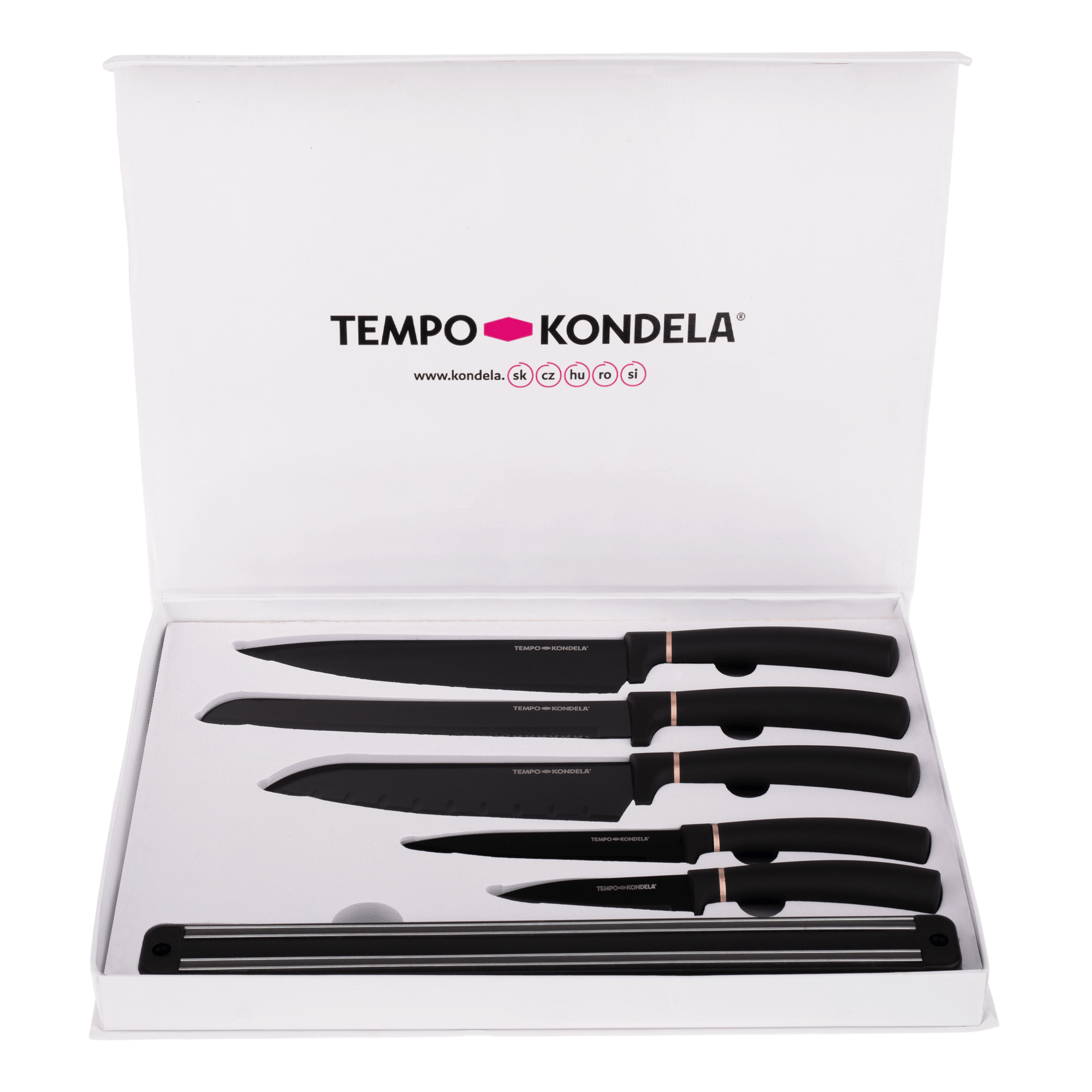 TEMPO-KONDELA LONAN, sada nožov s magnetickým držiakom, 6 ks, čierna