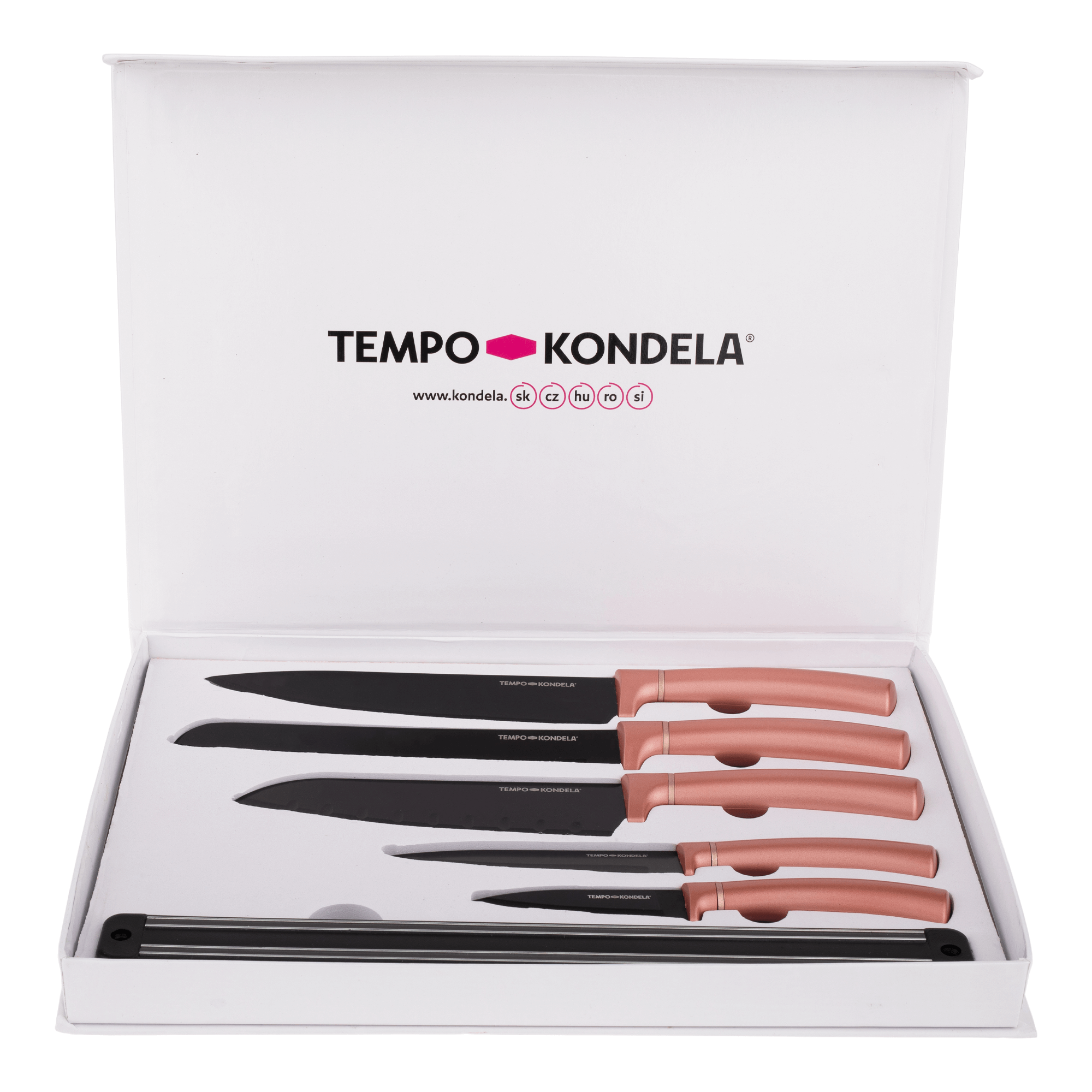 TEMPO-KONDELA, LONAN, késkészlet mágneses tartóval, 6 db, rose gold