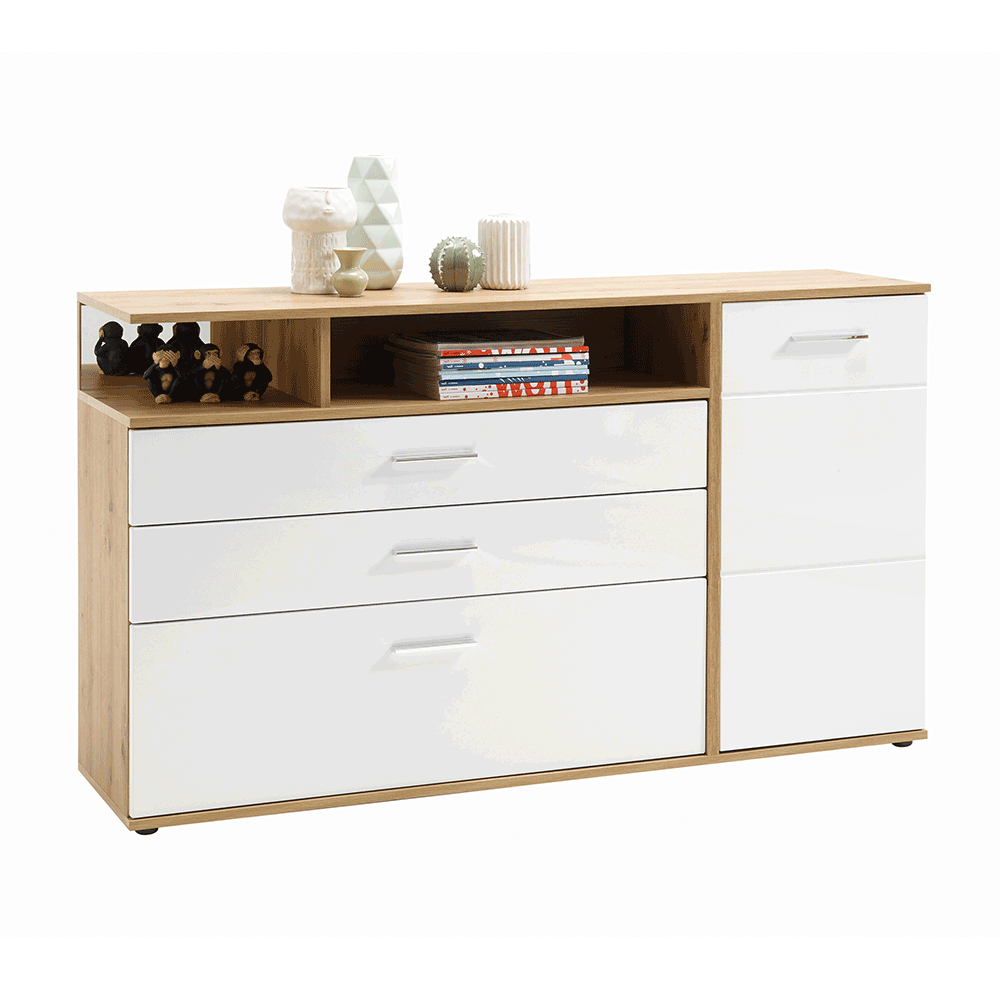 Komoda, biela vysoký lesk HG/dub artisan, REVEL - lacno